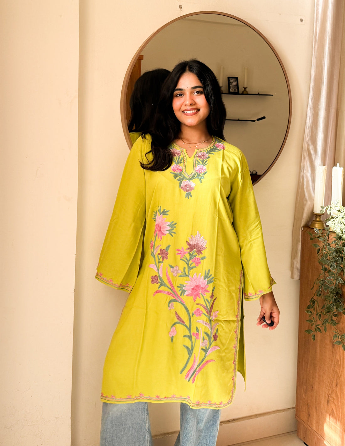 Parrot Green Rayon Kurti – Pink &amp; Green Aari Embroidery | Vibrant Casual Ethnic Wear