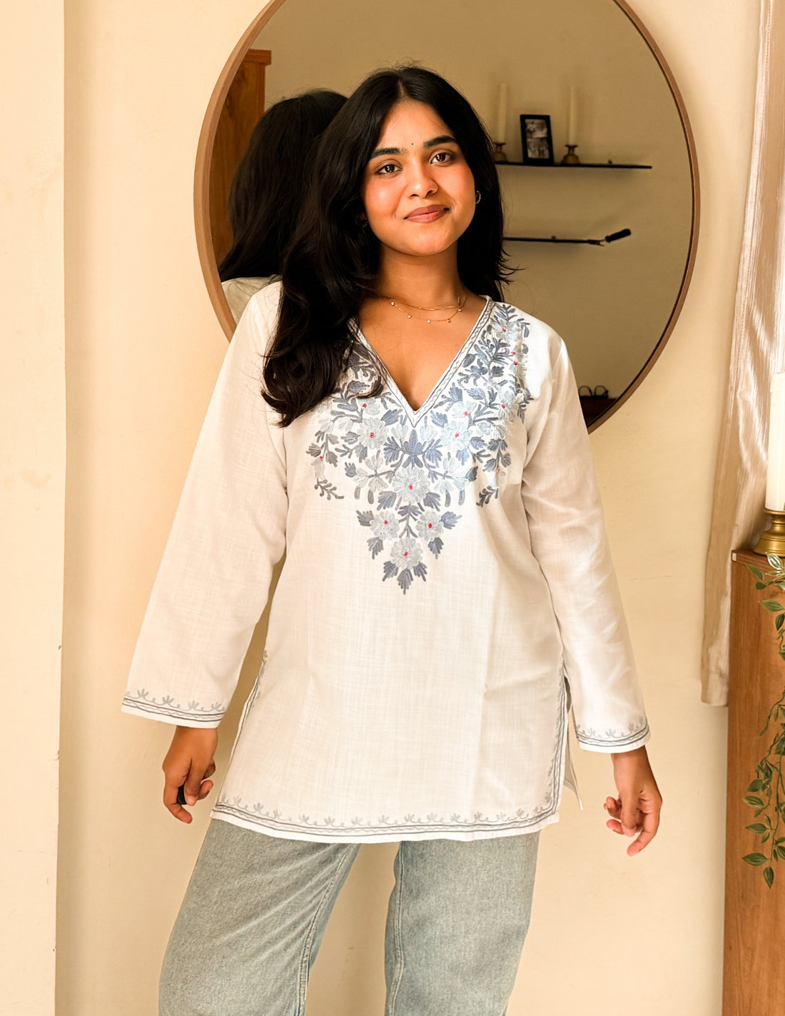 White Kashmiri Aari Embroidered Short Cotton Kurti for Women | Blue &amp; Grey Ethnic Wear