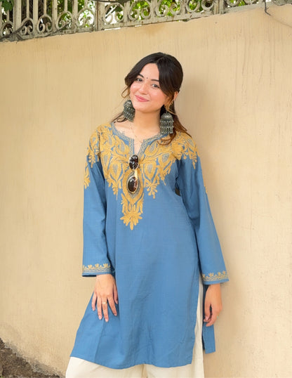 Teal Blue Kashmiri Aari Embroidered Cotton Kurti for Women | Bahaar Collection 2025