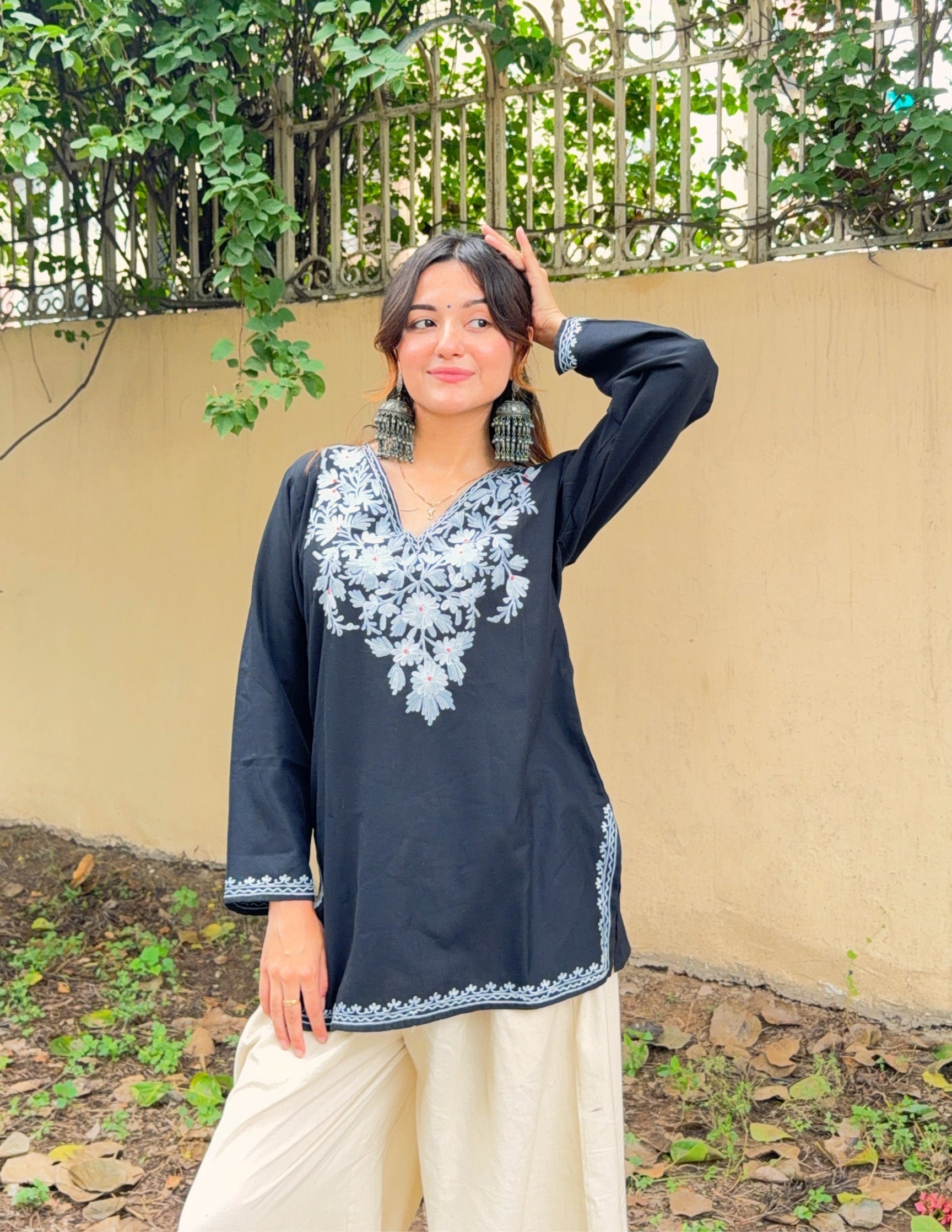 Black Kashmiri Aari Embroidered Short Cotton Kurti for Women