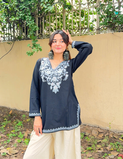 Black Kashmiri Aari Embroidered Short Cotton Kurti for Women