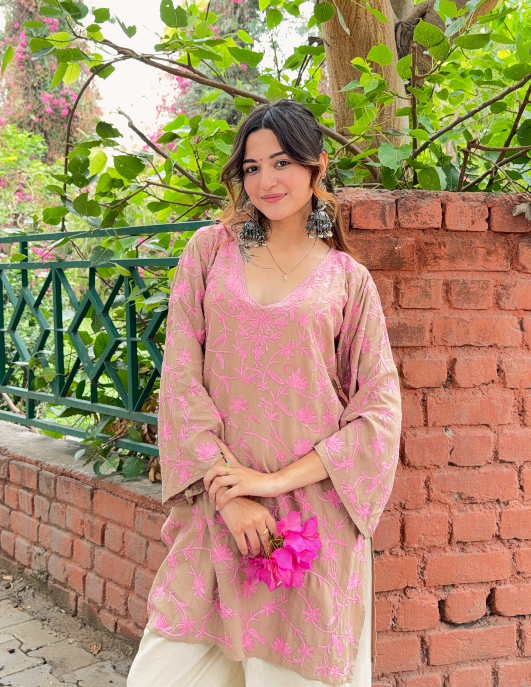 Mouse Grey Rayon Kurti – Pink Aari Embroidery | Office &amp; Casual Ethnic Wear