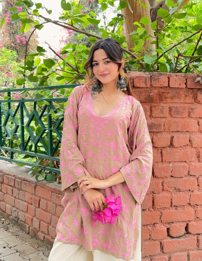 Mouse Grey Rayon Kurti – Pink Aari Embroidery | Office &amp; Casual Ethnic Wear