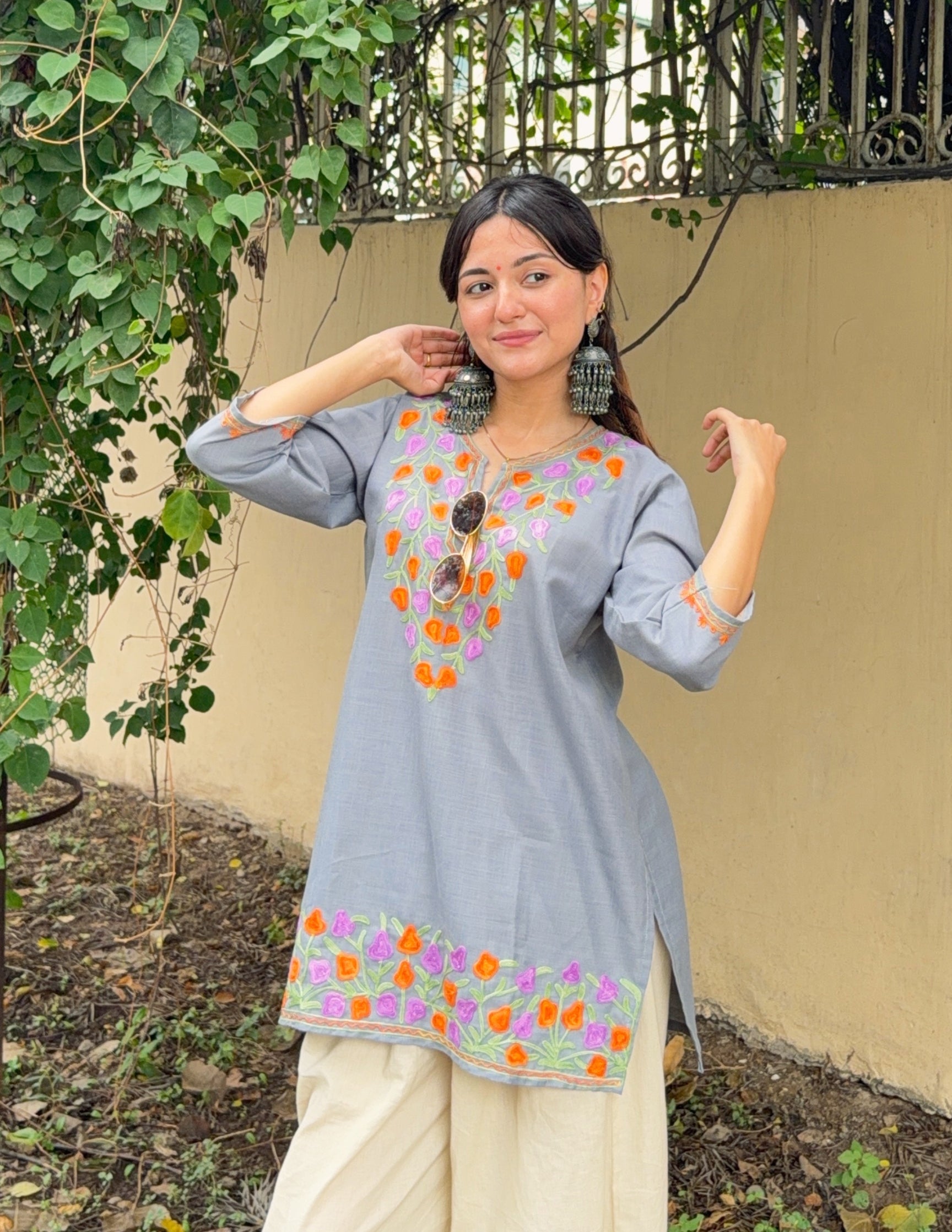 Grey Kashmiri Aari Embroidered Cotton Kurti for Women | Multicolor Ethnic Wear