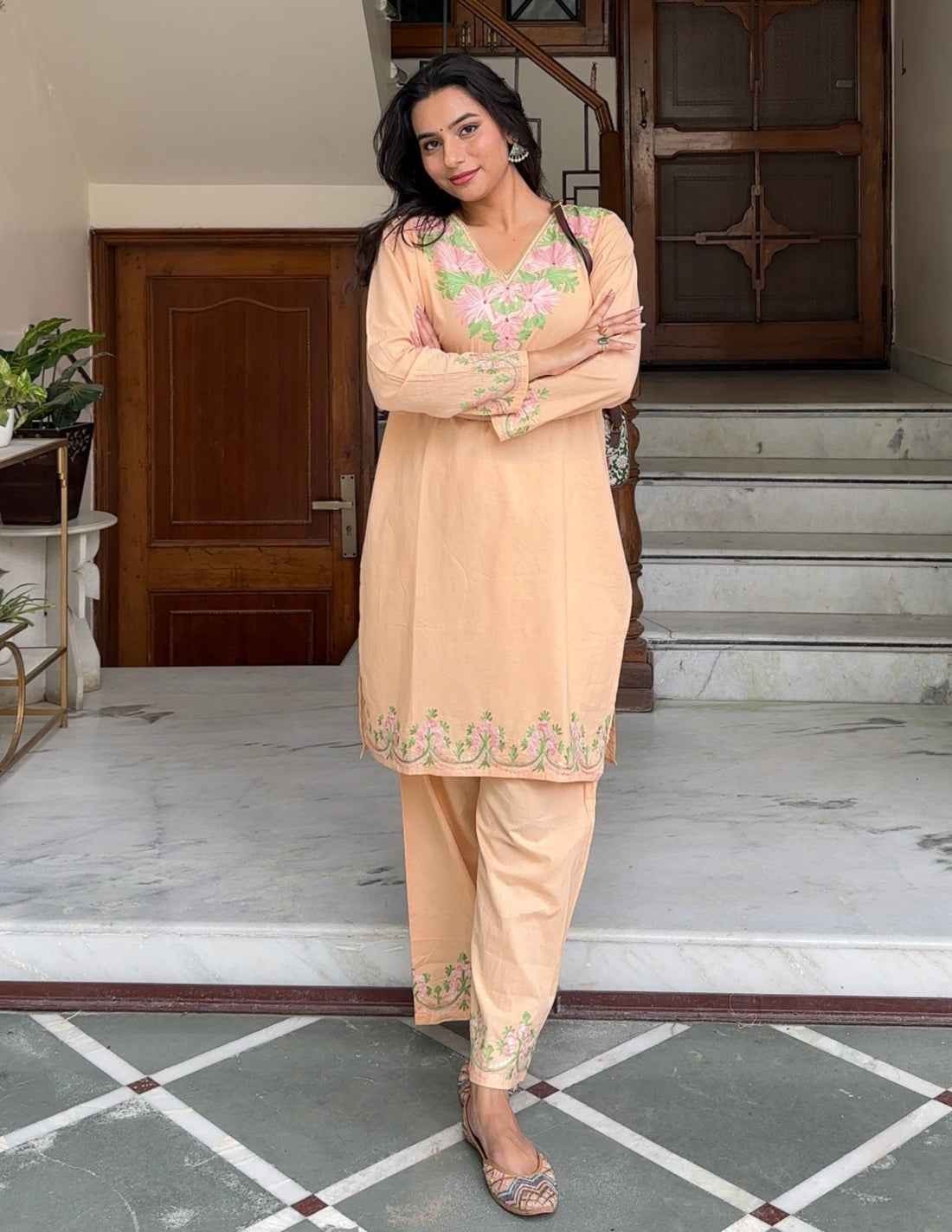 Light Peach Kashmiri Aari Embroidered Cambric Cotton Co-ord Set for Women | Everyday Ethnic Wear