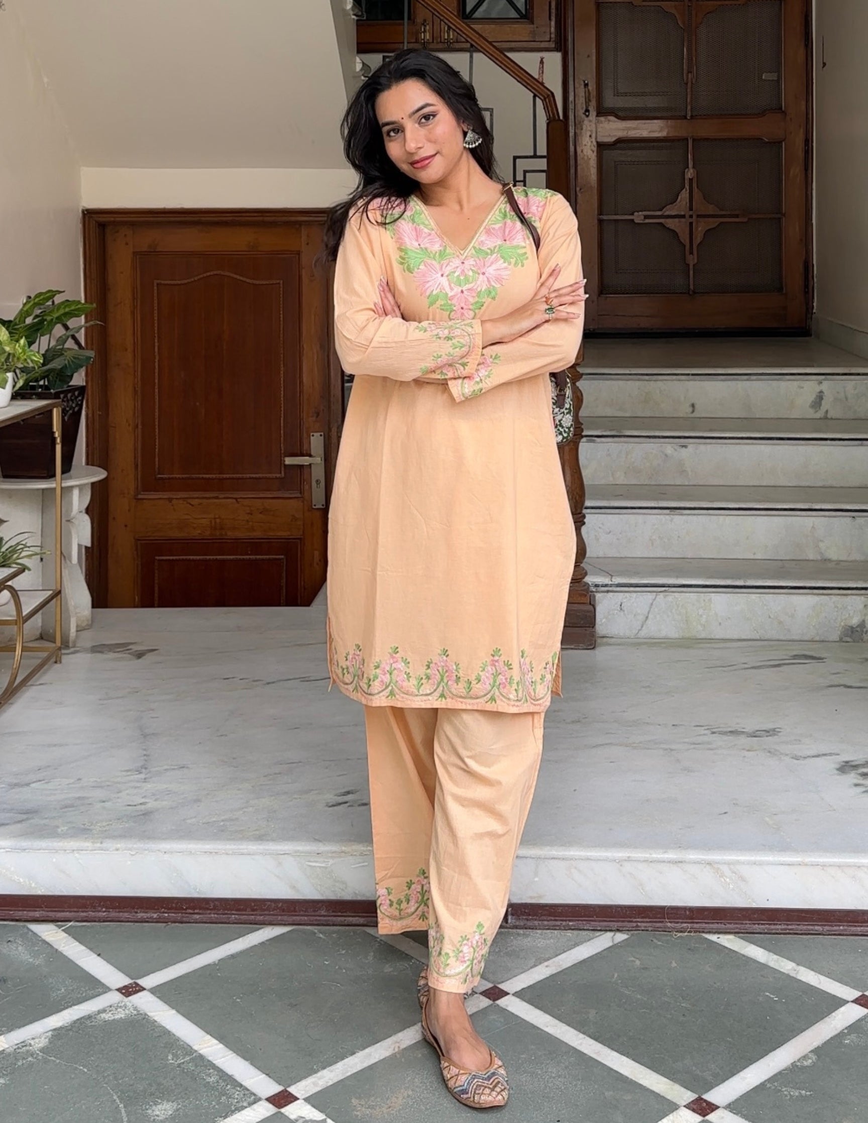 Light Peach Kashmiri Aari Embroidered Cambric Cotton Co-ord Set for Women | Everyday Ethnic Wear