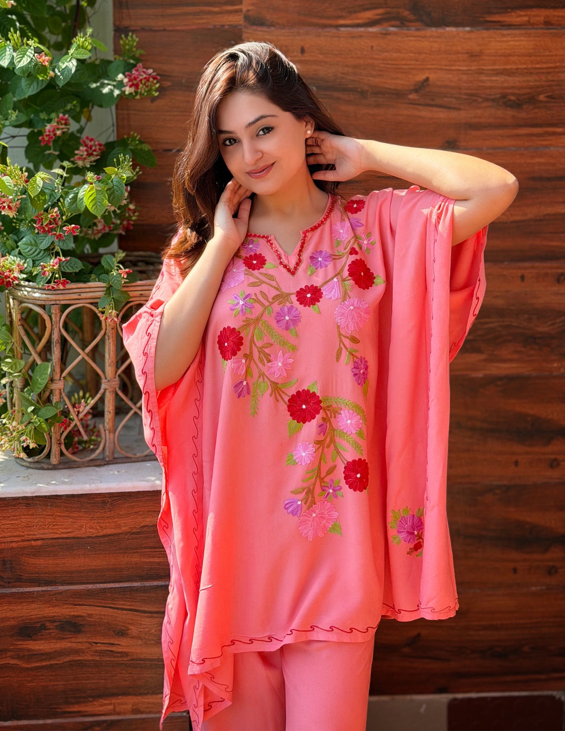 Pink Kashmiri Aari Embroidered Rayon Kaftan Set for Women | Comfortable Ethnic Wear