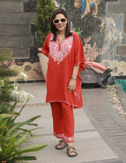 Red Rayon Kaftan Set – Multicolor Aari Embroidery | Comfortable Ethnic Wear - Kashmir Box