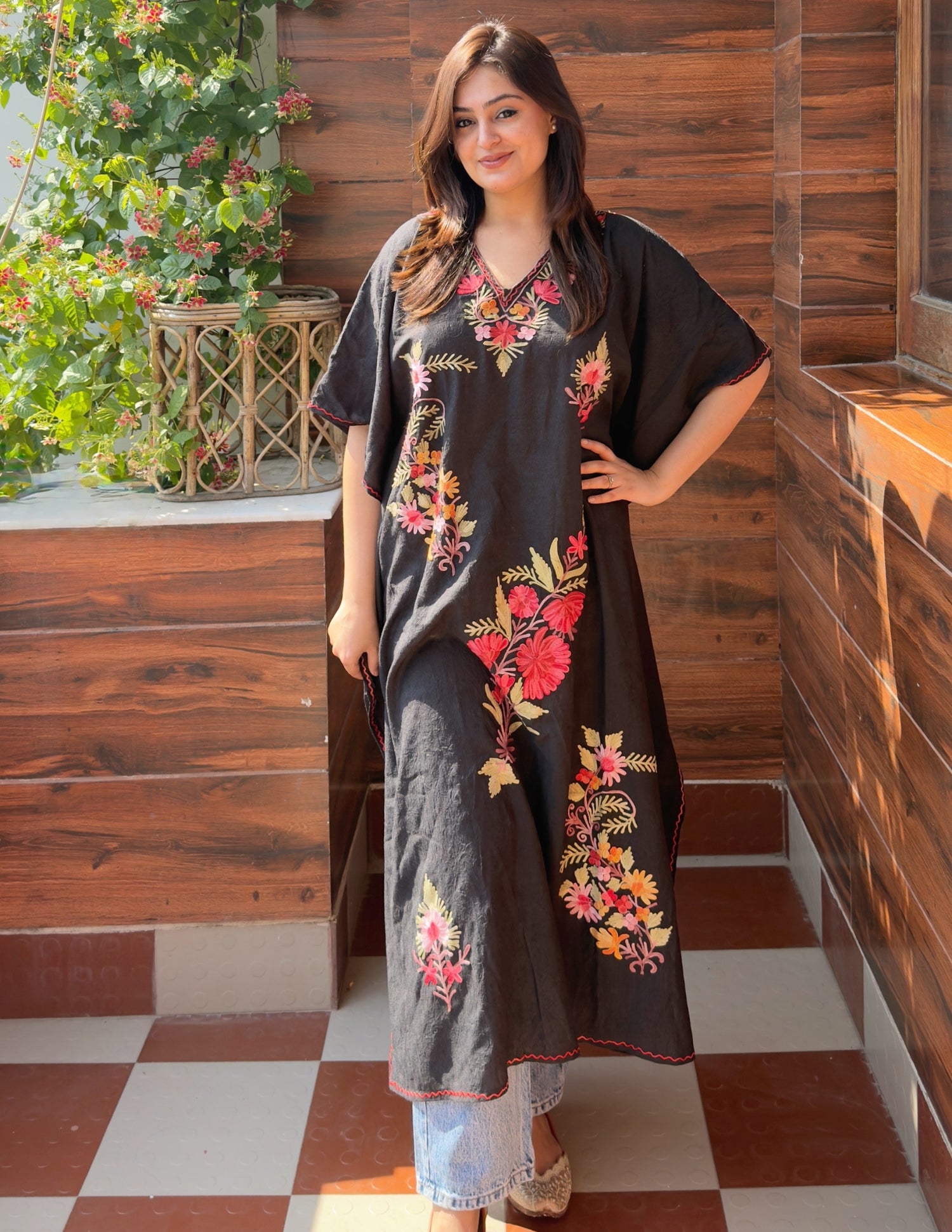 Black Kashmiri Aari Cotton Kaftan for Women