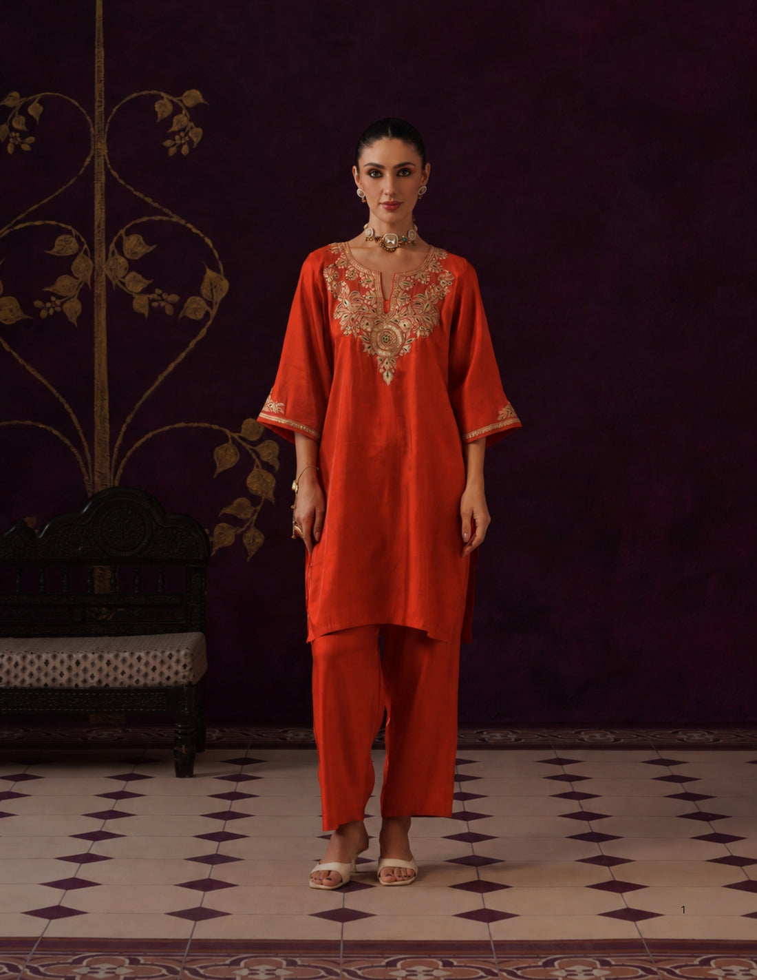 Kashmiri Tilla &amp; Thread Embroidered Silk Co-ord Set – Orange