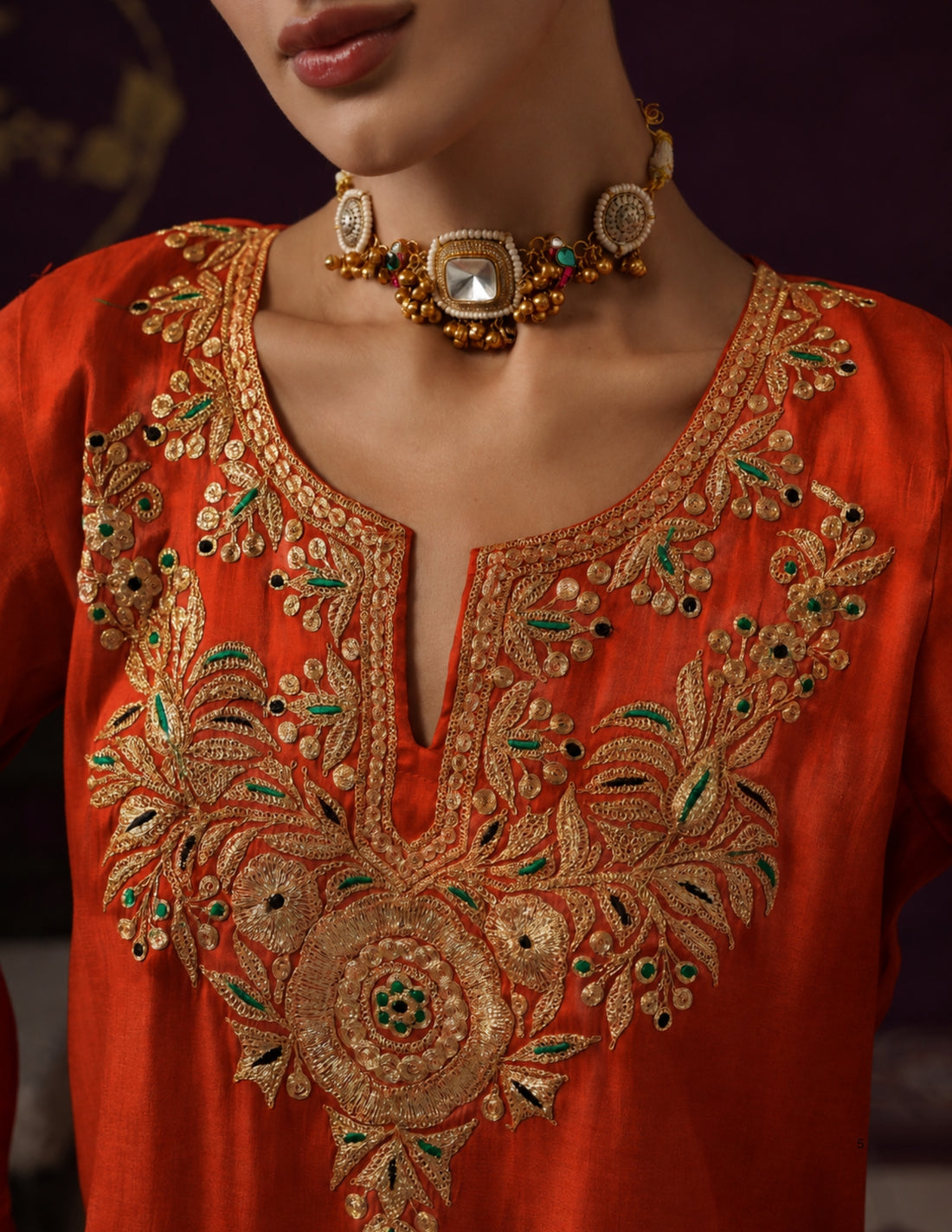 Kashmiri Tilla &amp; Thread Embroidered Silk Co-ord Set – Orange