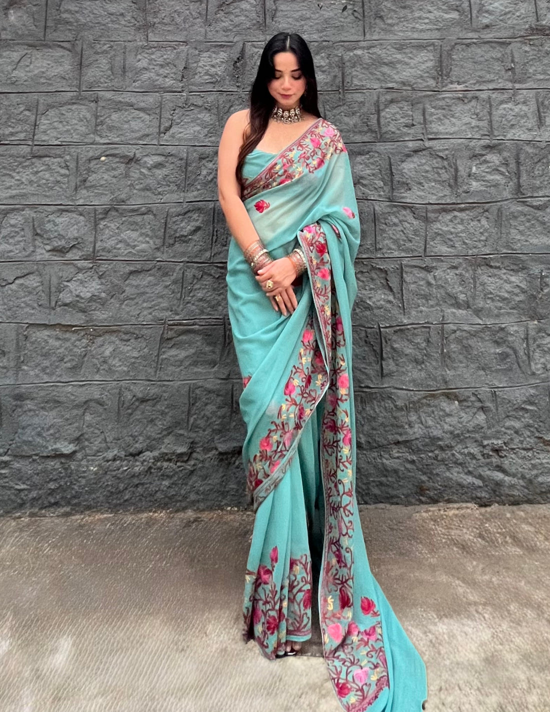 Kashmiri Aari Embroidered Georgette Saree – Teal