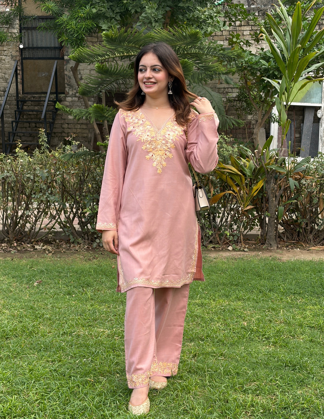 Nigeen Kashmiri Aari Dusky  Pink Co-ord Set