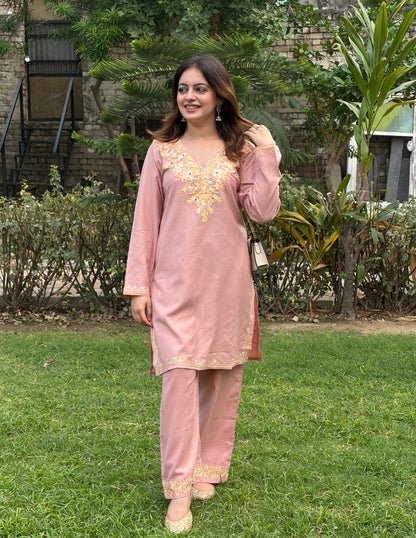 Nigeen Kashmiri Aari Dusky  Pink Co-ord Set