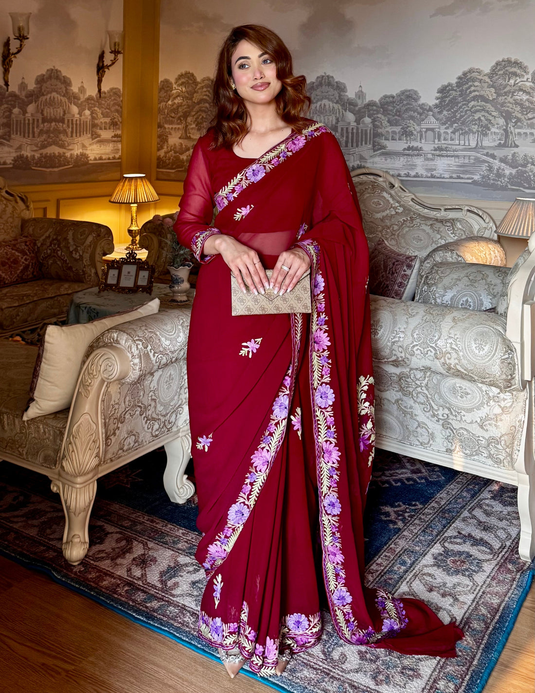 Kashmiri Aari Embroidered Georgette Saree – Burnt Burgundy