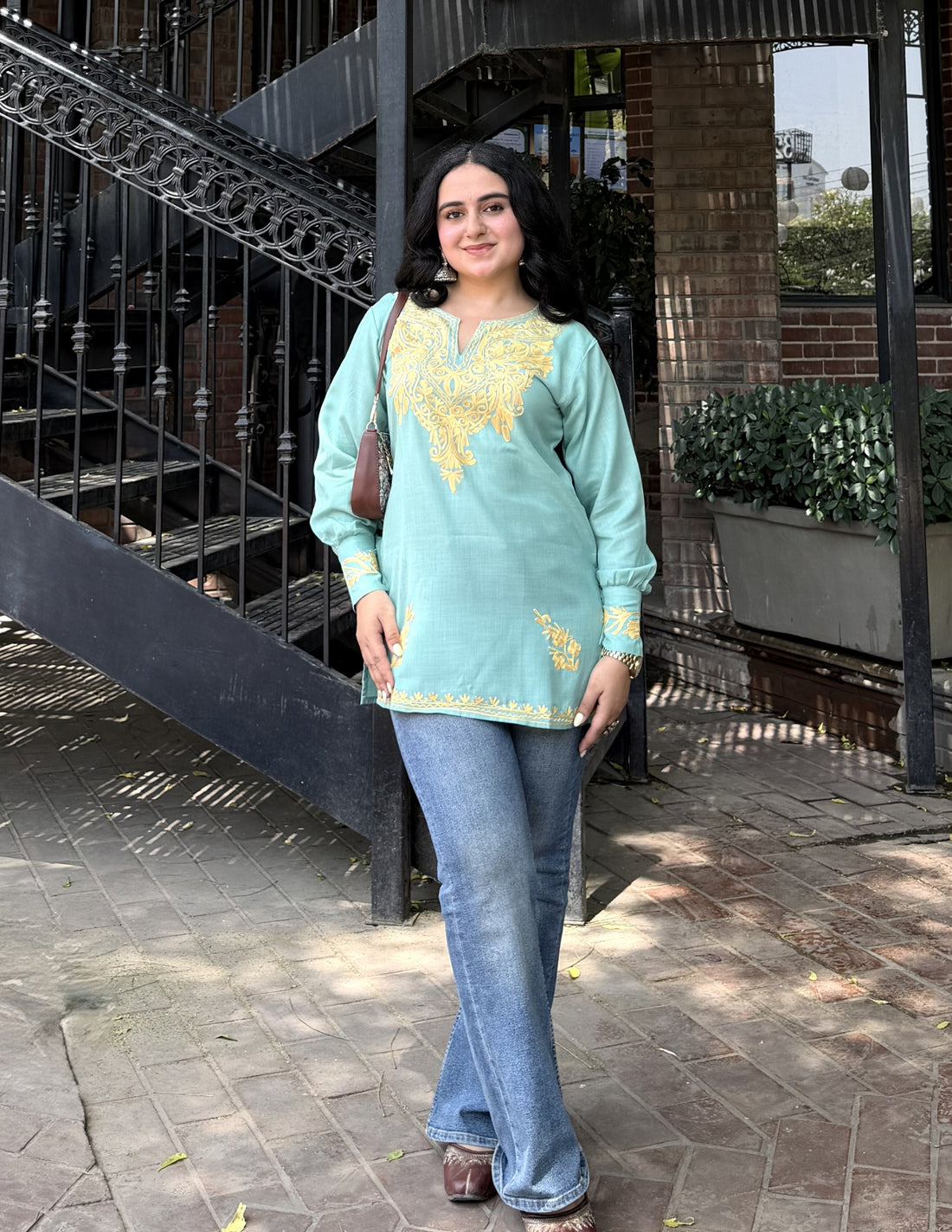 Sea Green Kashmiri Aari Embroidered Cotton Kurti for Women | Bahaar Collection 2025