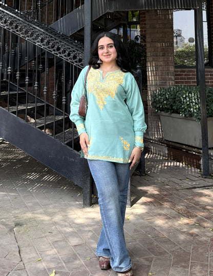 Sea Green Kashmiri Aari Embroidered Cotton Kurti for Women | Bahaar Collection 2025