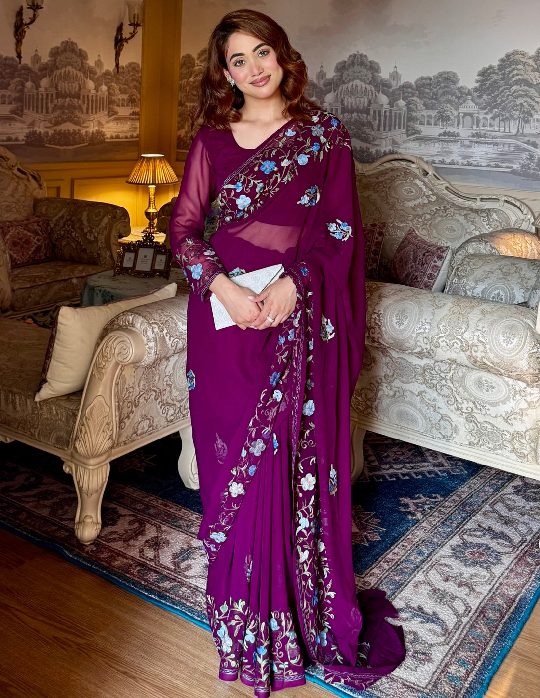 Kashmiri Aari Embroidered Georgette Saree – Wine