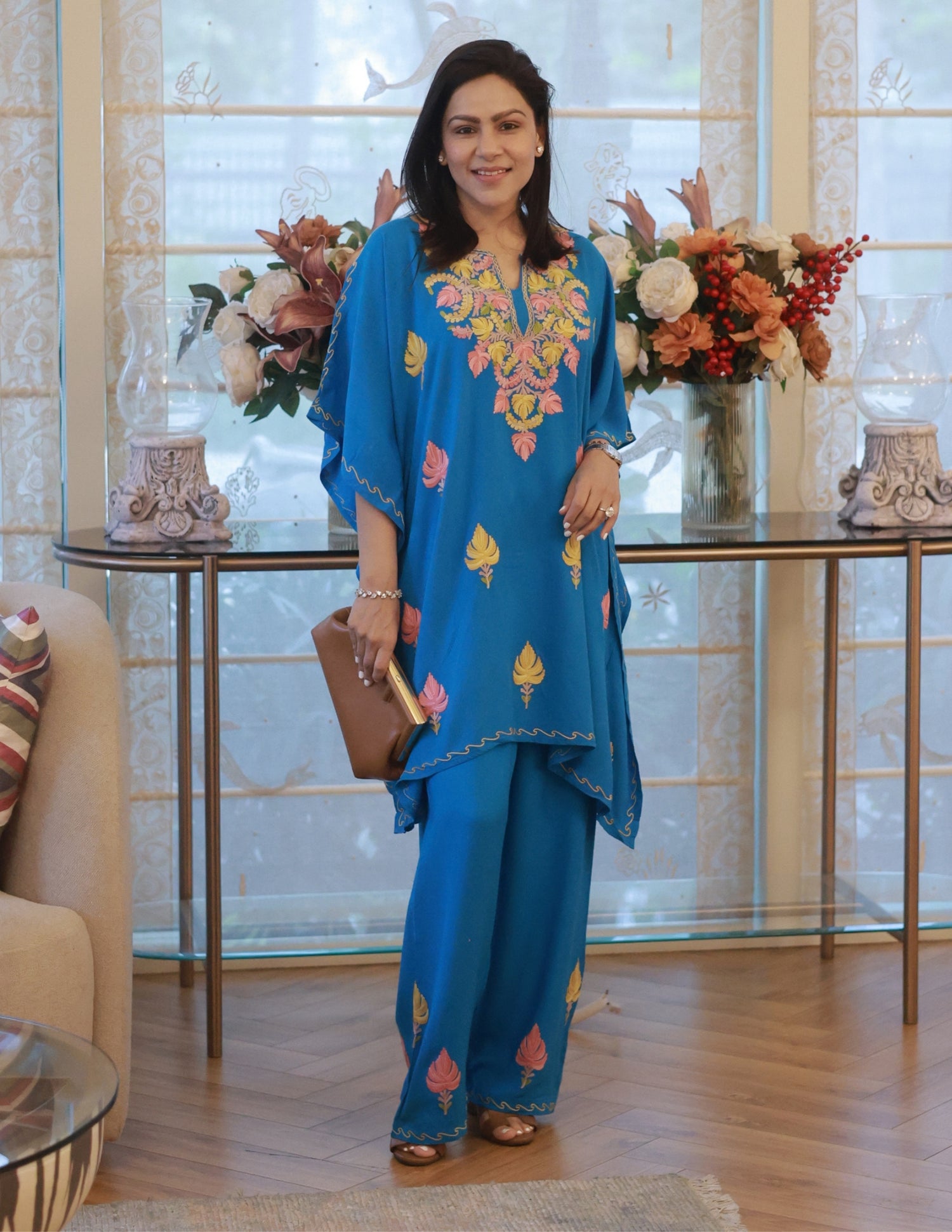 Blue Rayon Kaftan Set – Multicolor Embroidery | Everyday Comfort Ethnic Wear - Kashmir Box