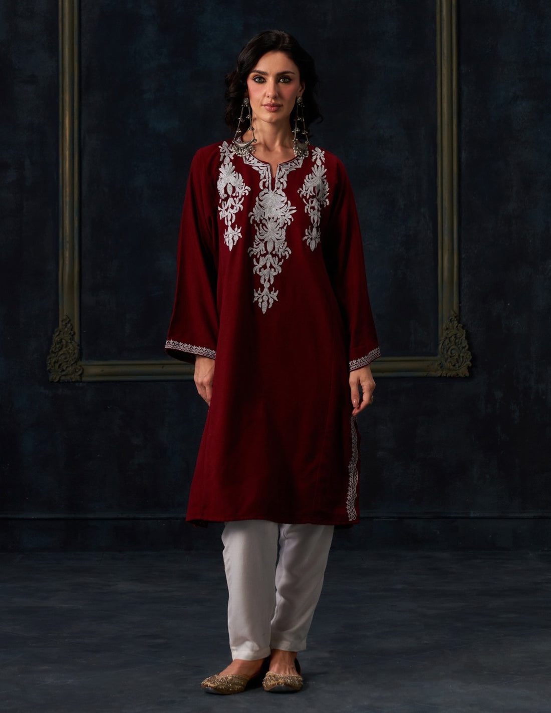 Kashmiri Zari Embroidered Woollen Phiran – Maroon | Timeless Winter Wear - Kashmir Box