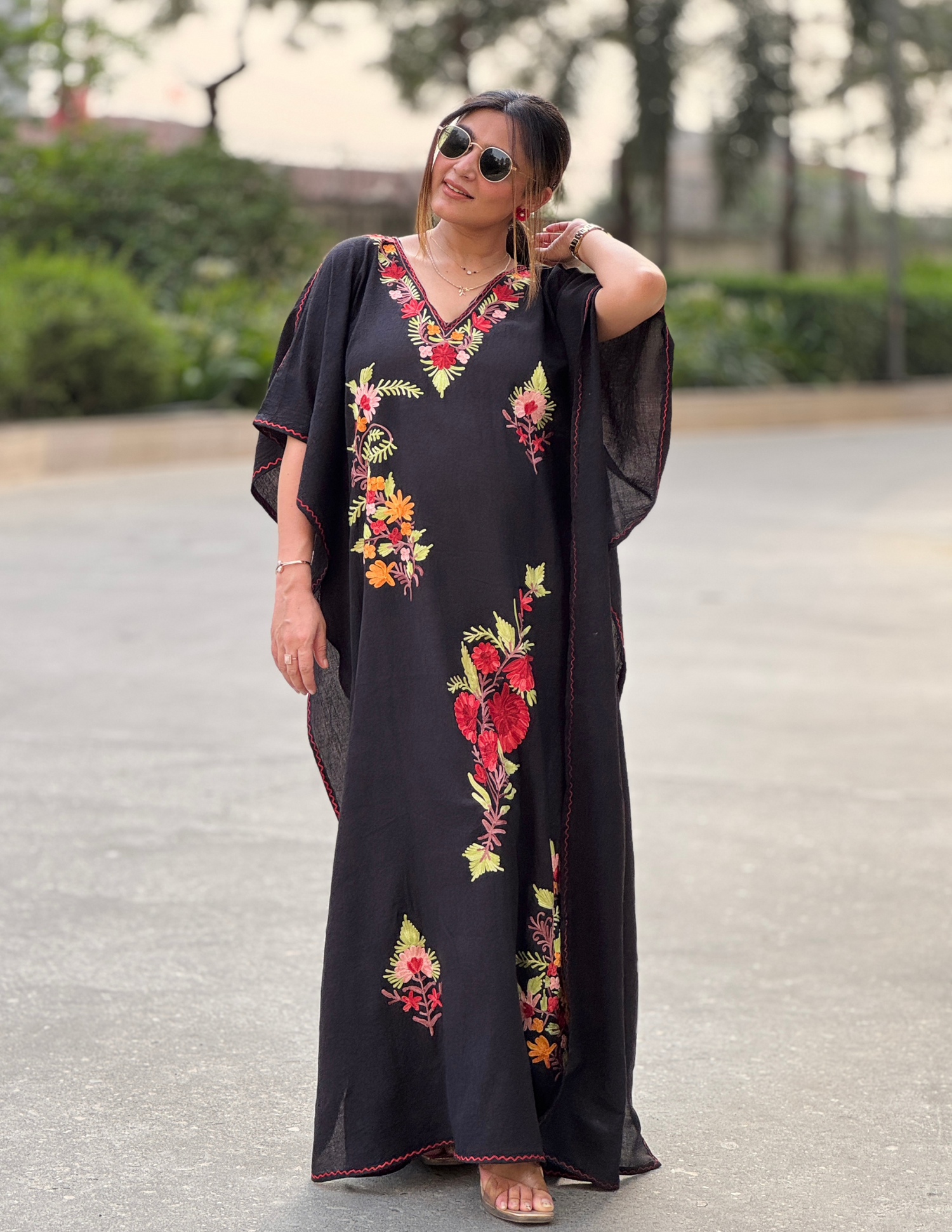 Elegant Black Aari Work Summer Cotton Kaftan