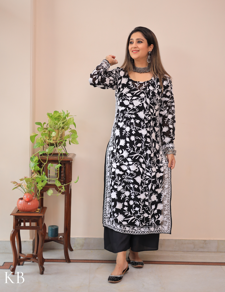 Black And White Aari Embroidered Georgette Kurti - Kashmir Box