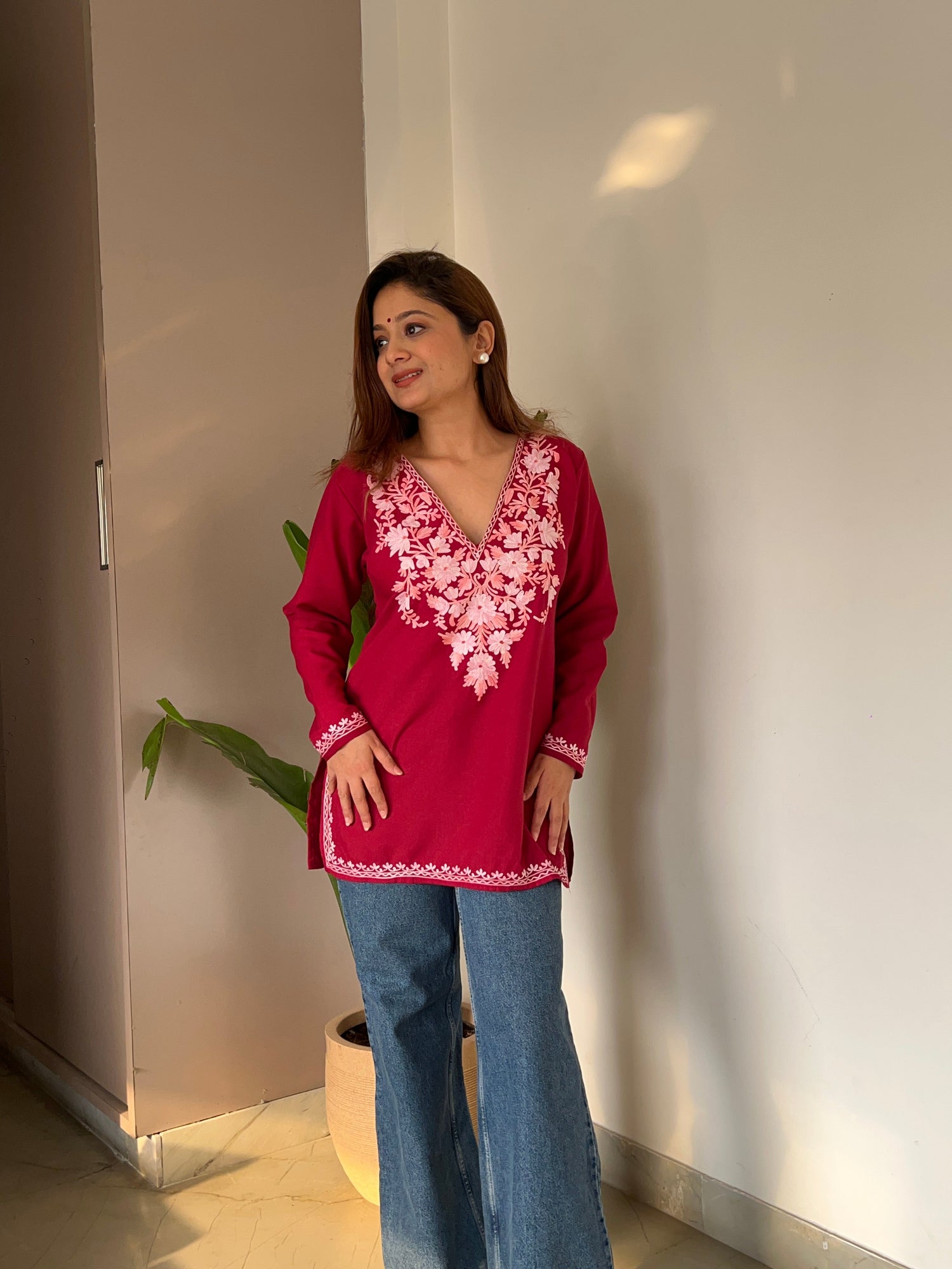 Blush Aari Embroidery Maroon Cotton Top - Kashmir Box