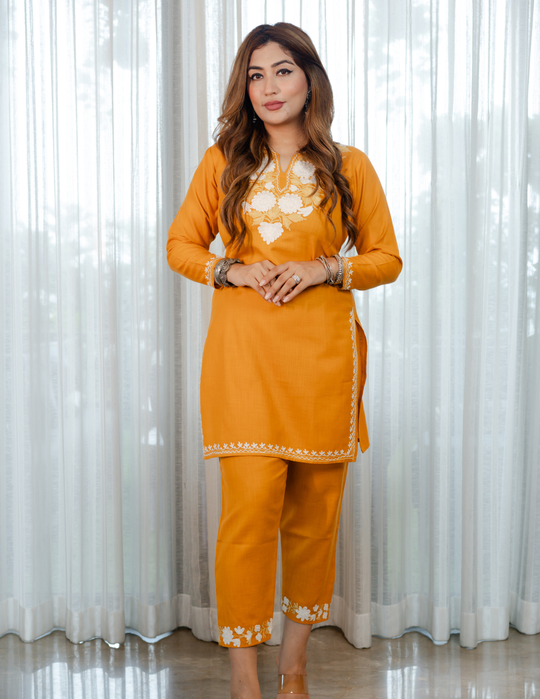 Nigeen Kashmiri Aari Mustard Yellow Co-ord Set - Kashmir Box