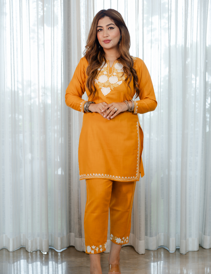 Nigeen Kashmiri Aari Mustard Yellow Co-ord Set - Kashmir Box