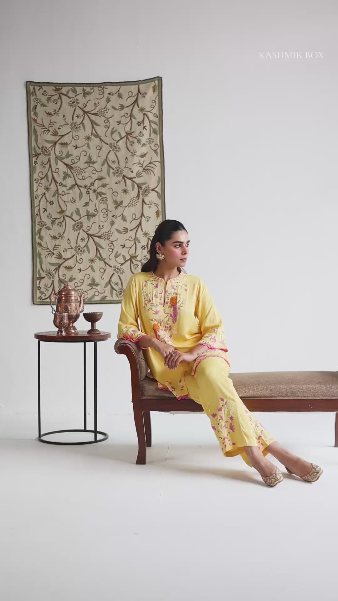 Mustard–Pink Modal Satin Coord Set with Fine Aari Embroidery — Bulbul Collection | Kashmiri Summer Festive Wear