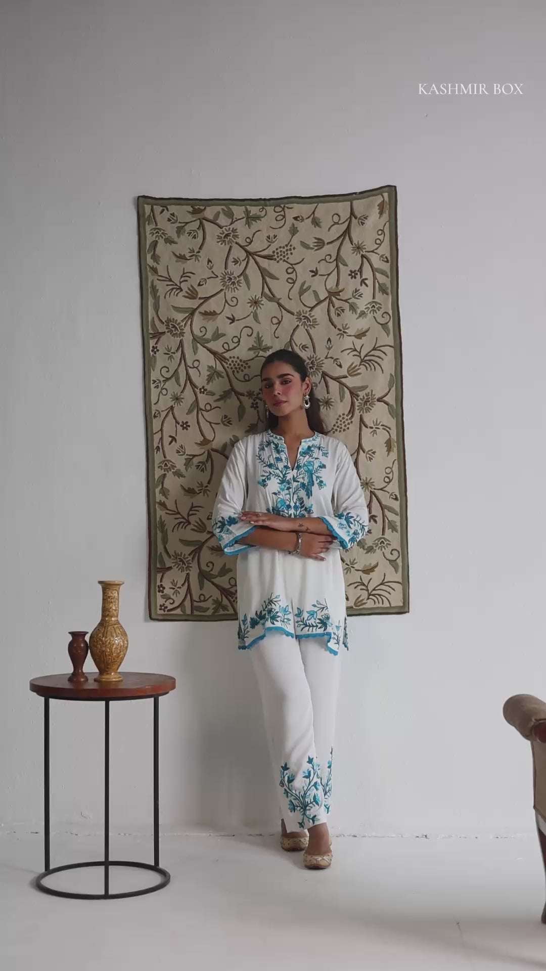 White–Blue Modal Satin Coord Set with Fine Aari Embroidery — Bulbul Collection | Kashmiri Summer Festive Wear