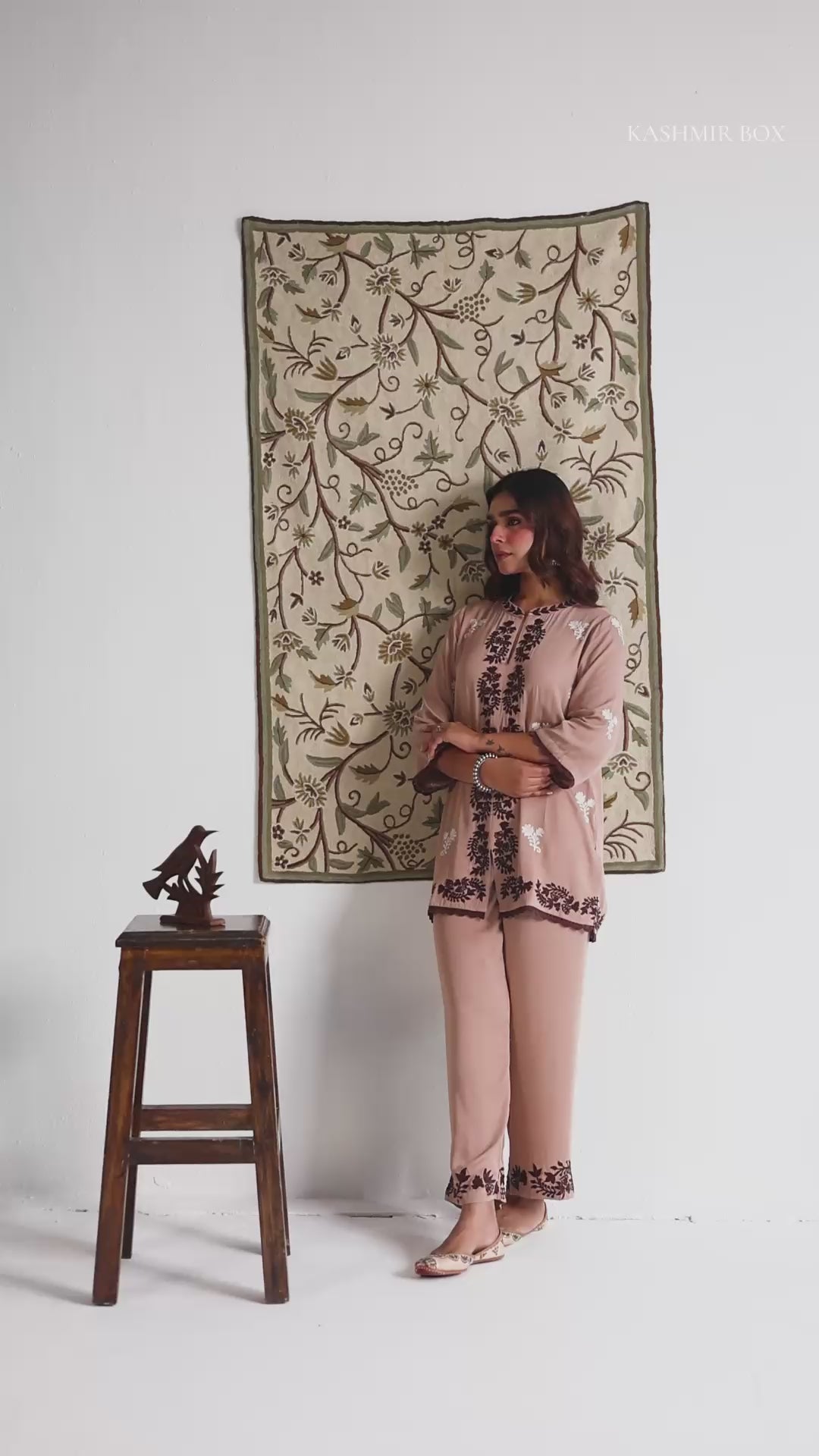 Mocha–Ivory Modal Satin Coord Set with Fine Aari Embroidery — Bulbul Collection | Kashmiri Summer Festive Wear