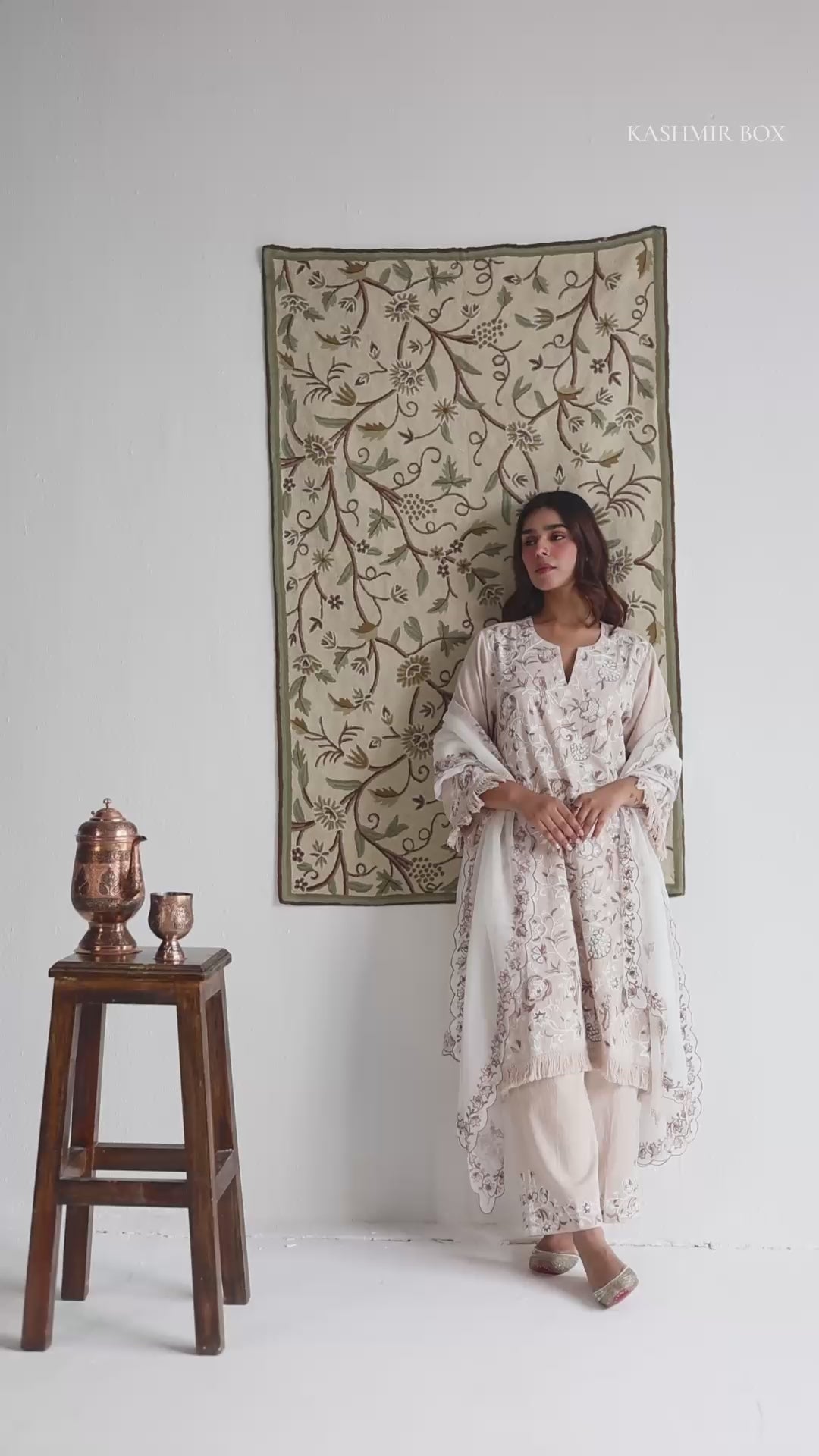 Beige Cotton Satin Suit Set with Fine Aari Embroidery &amp; Organza Dupatta — Bulbul Collection | Kashmiri Summer Festive Wear