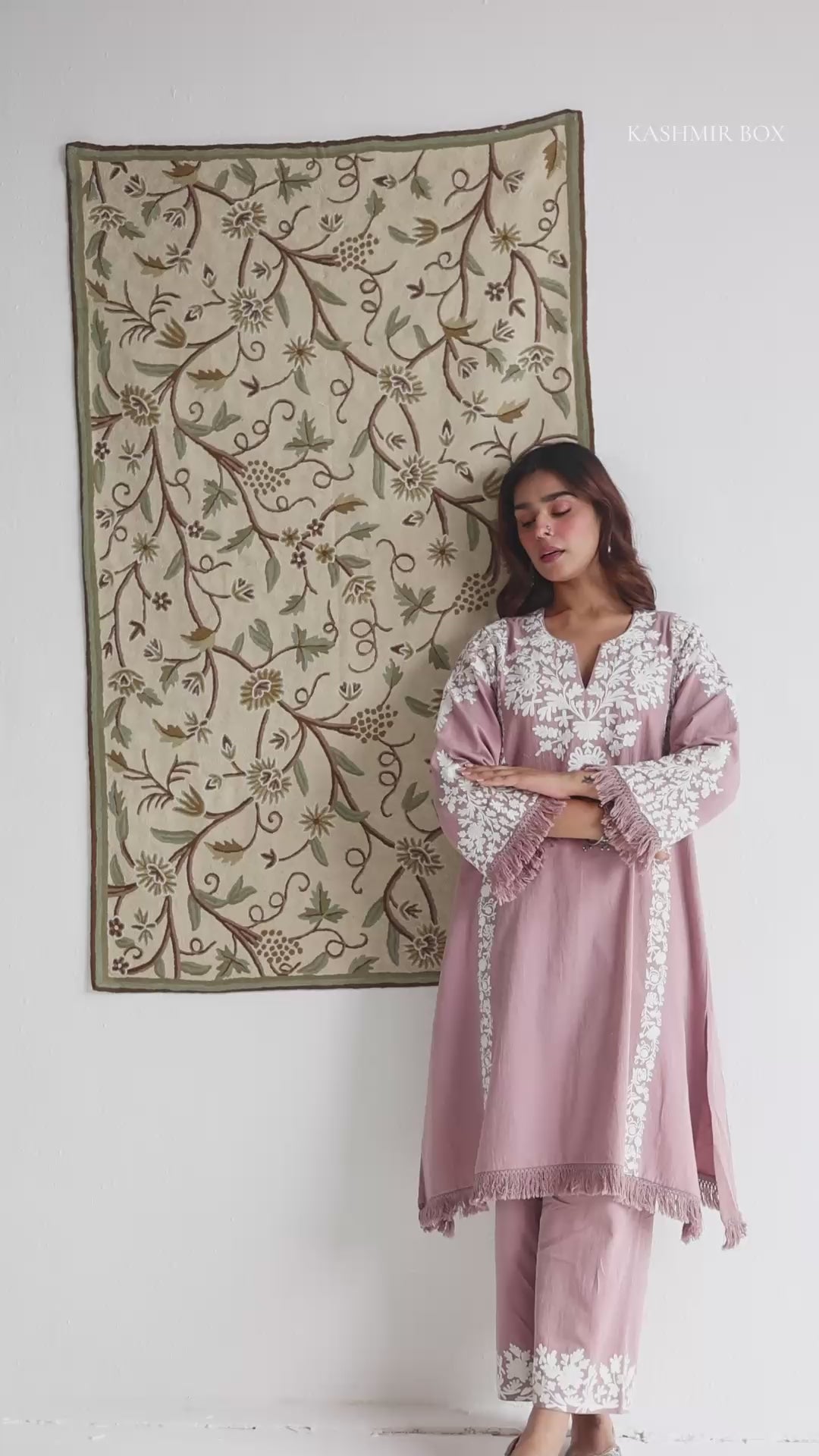 Mauve Cotton Satin Suit Set with Fine Aari Embroidery &amp; Organza Dupatta — Bulbul Collection | Kashmiri Summer Festive Wear