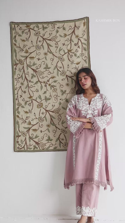 Mauve Cotton Satin Suit Set with Fine Aari Embroidery &amp; Organza Dupatta — Bulbul Collection | Kashmiri Summer Festive Wear