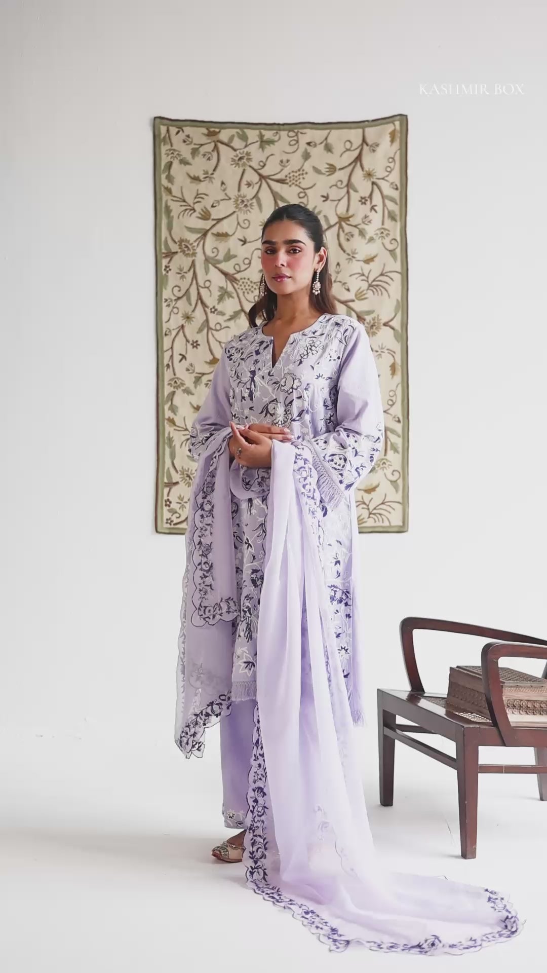 Lilac Cotton Satin Suit Set with Fine Aari Embroidery &amp; Organza Dupatta — Bulbul Collection | Kashmiri Summer Festive Wear