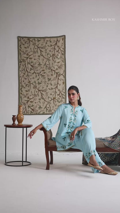 Sea-Blue Modal Satin Coord Set with Fine Aari Embroidery — Bulbul Collection | Kashmiri Summer Festive Wear