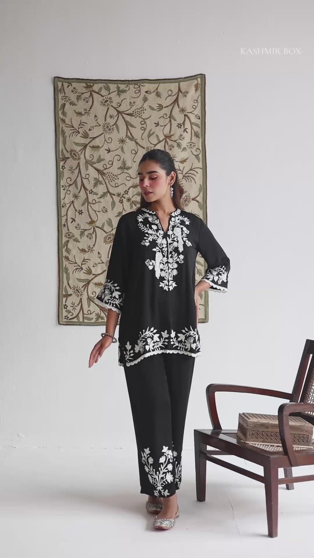 Black–White Modal Satin Coord Set with Fine Aari Embroidery — Bulbul Collection | Kashmiri Summer Festive Wear