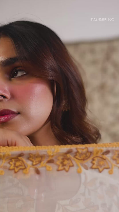 Yellow Cotton Satin Suit Set with Fine Aari Embroidery &amp; Organza Dupatta — Bulbul Collection | Kashmiri Summer Festive Wear