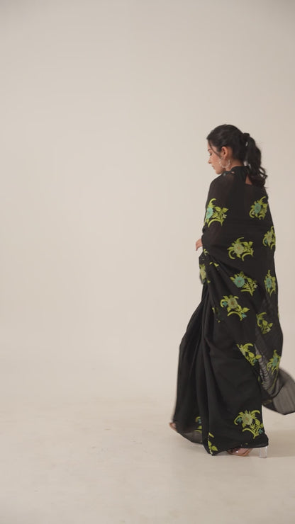 Lush Green Embroidered Classic Black Silk Saree