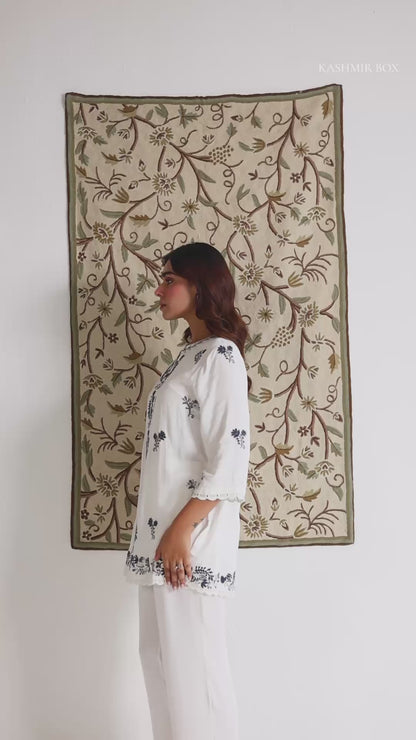 White–Grey Modal Satin Coord Set with Fine Aari Embroidery — Bulbul Collection | Kashmiri Summer Festive Wear