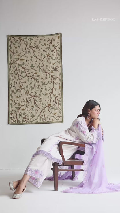 Baby Pink Cotton Satin Suit Set with Fine Aari Embroidery &amp; Violet Organza Dupatta — Bulbul Collection | Kashmiri Summer Festive Wear