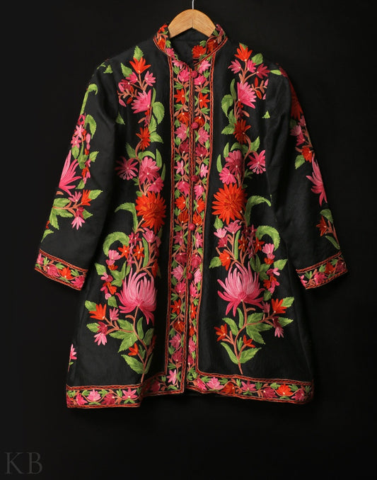 Black Lotus Aari Embroidered Silk Jacket - Kashmir Box