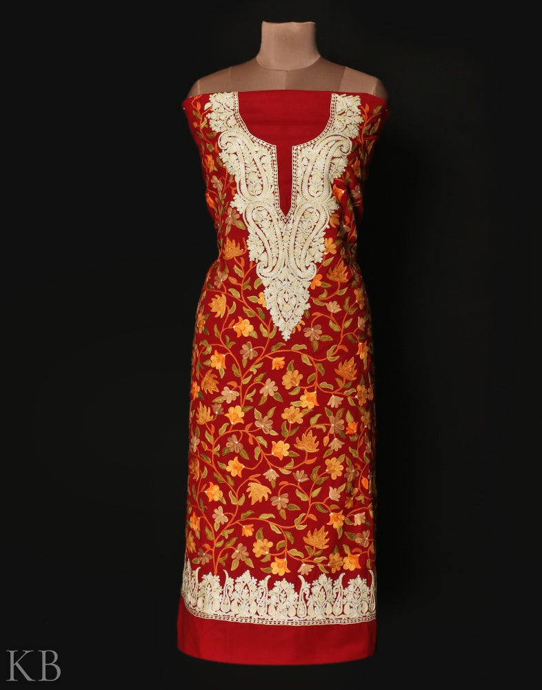 Berry Red Embroidered Woolen Suit - KashmirBox.com
