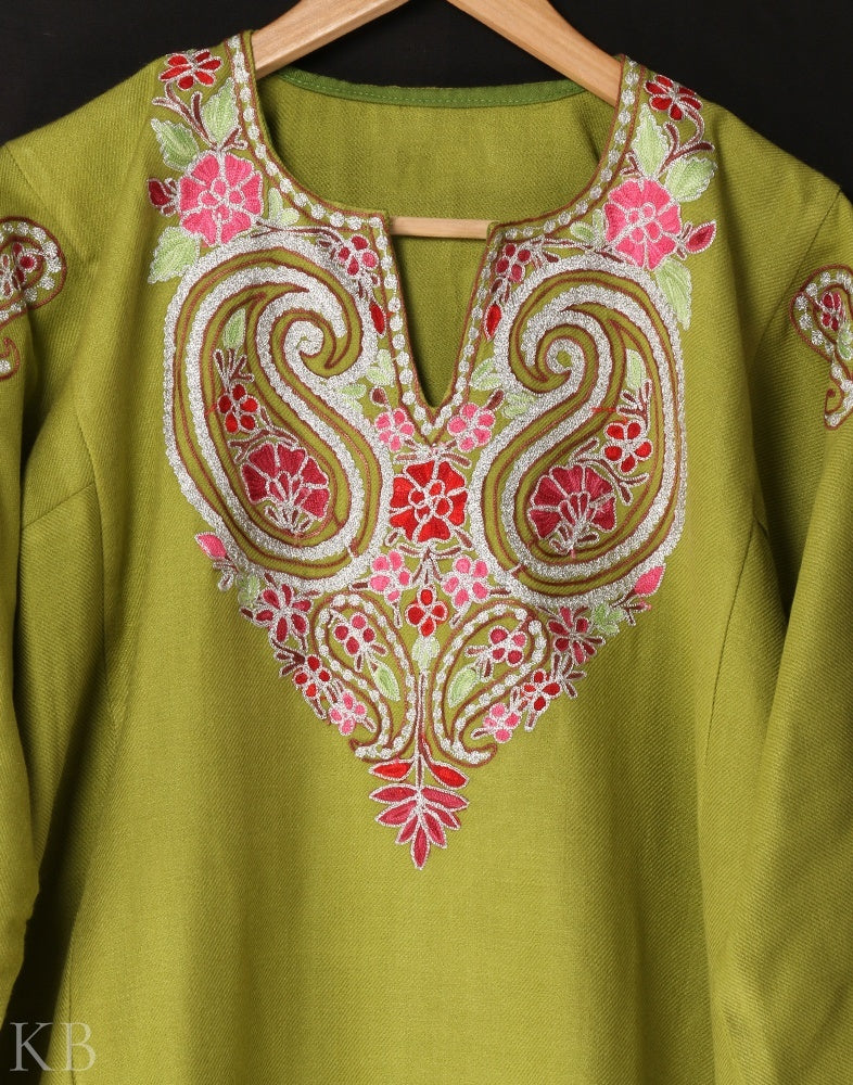 Light Green Aari Zari Embroidered Cashmilon Phiran - KashmirBox.com