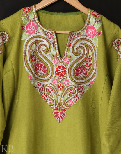 Light Green Aari Zari Embroidered Cashmilon Phiran - KashmirBox.com