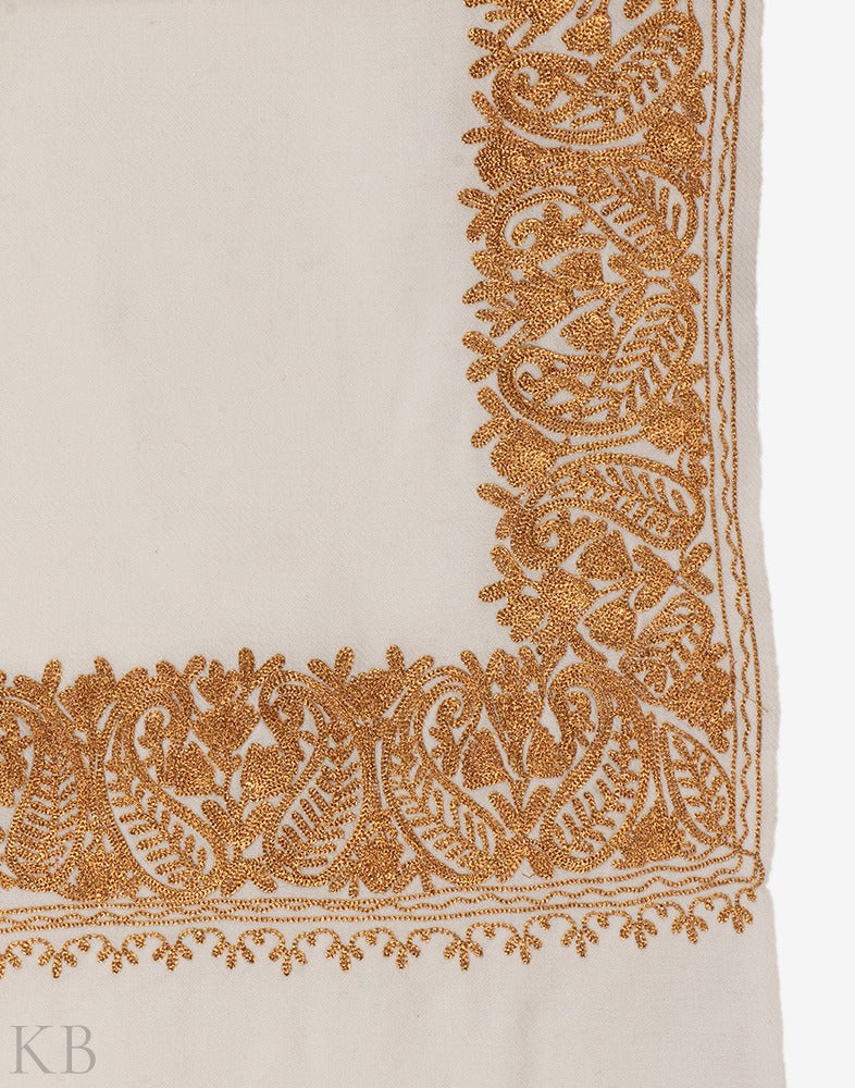 White Zari Embroidered Cashmilon Stole - KashmirBox.com