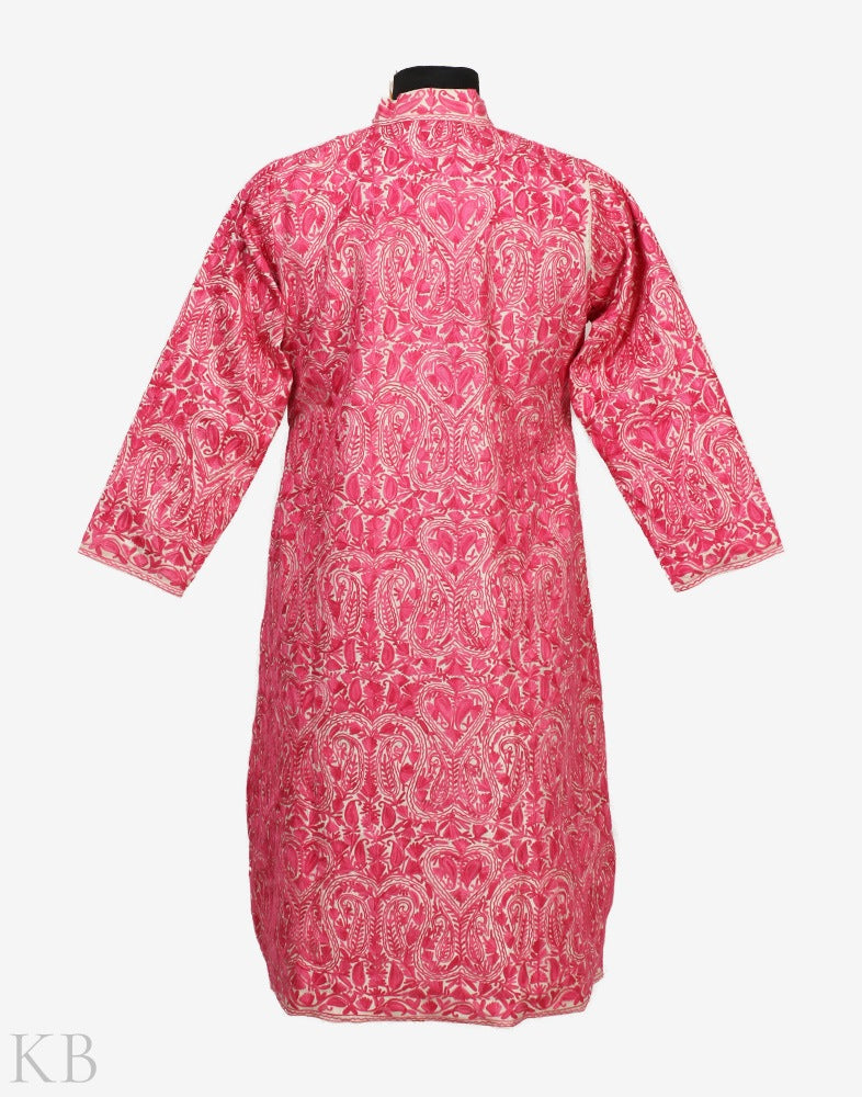 White Pink Aari Embroidered Silk Jacket - KashmirBox.com
