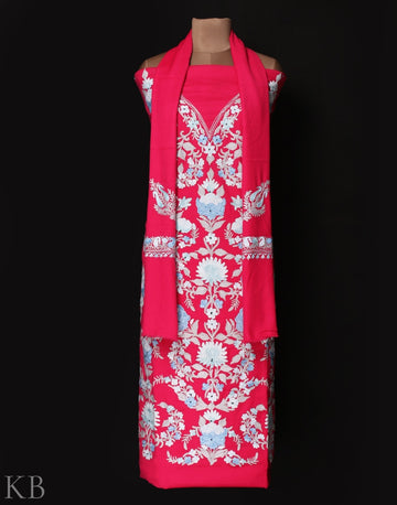 Deep Pink Aari Embroidered Woolen Suit - KashmirBox.com