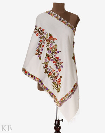 White Embroidered Cashmilon Stole - KashmirBox.com